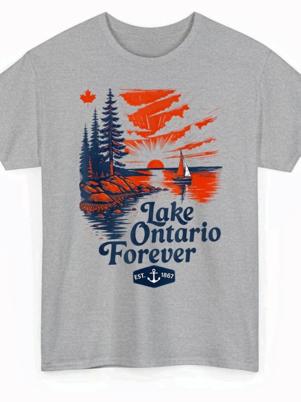 Lake Ontario Forever Est. 1867 Vintage Sunset Sailboat Heather Grey T-Shirt